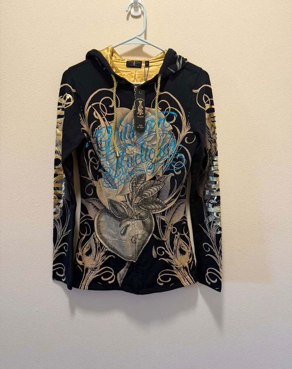 Christian Audigier Hoodie Size S Black Rhinestone Zip-Up